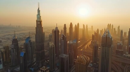 Aerial view of Dubai Frame Downtown skyline United Arab Emirates or UAE Financial district and business area in smart urban city Skyscraper and highrise buildings at sunset : Generative AI