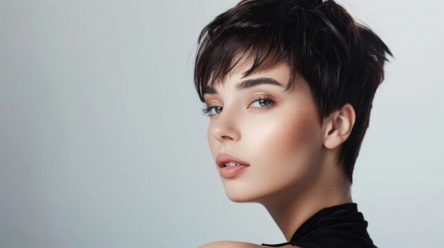 A woman with short pixie haircut styling her hair with gel or mousse for a chic and edgy look