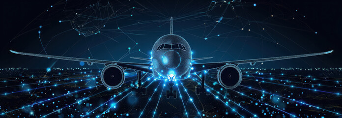 Obraz premium A digital rendering of an airplane taking off against a dark background with glowing blue lines