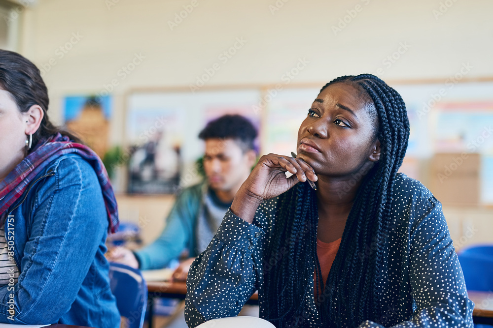 Poster Student, thinking and woman in university classroom for education, test or exam. Idea, college and study in lecture for problem solving, doubt or brainstorming solution for learning knowledge