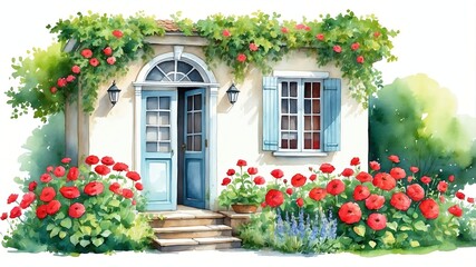 small garden with red flowers watercolor painting front facade exterior on plain white background art