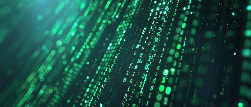 Abstract digital matrix background with green binary code flowing down the screen, representing data, technology, and pattern.