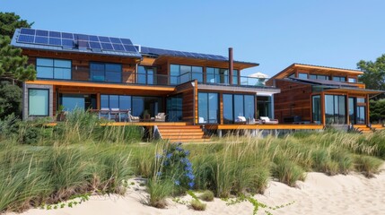 An eco-friendly beach house with solar panels and sustainable architecture, blending with the coastal environment