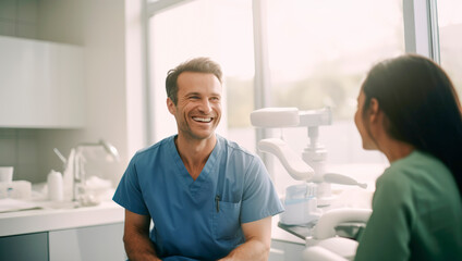 Fototapeta premium Stock minimalist photography of the doctor is a surgeon smiling while discussing with a patient in a modern medical room, with clean lines and minimal decor in the background