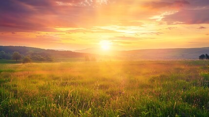 Fototapeta premium Natural Sunset Sunrise Over Field Or Meadow Bright Dramatic Sky And Dark Ground Countryside Landscape Under Scenic Colorful Sky At Sunset Dawn Sunrise Sun Over Skyline Horizon Warm Col : Generative AI
