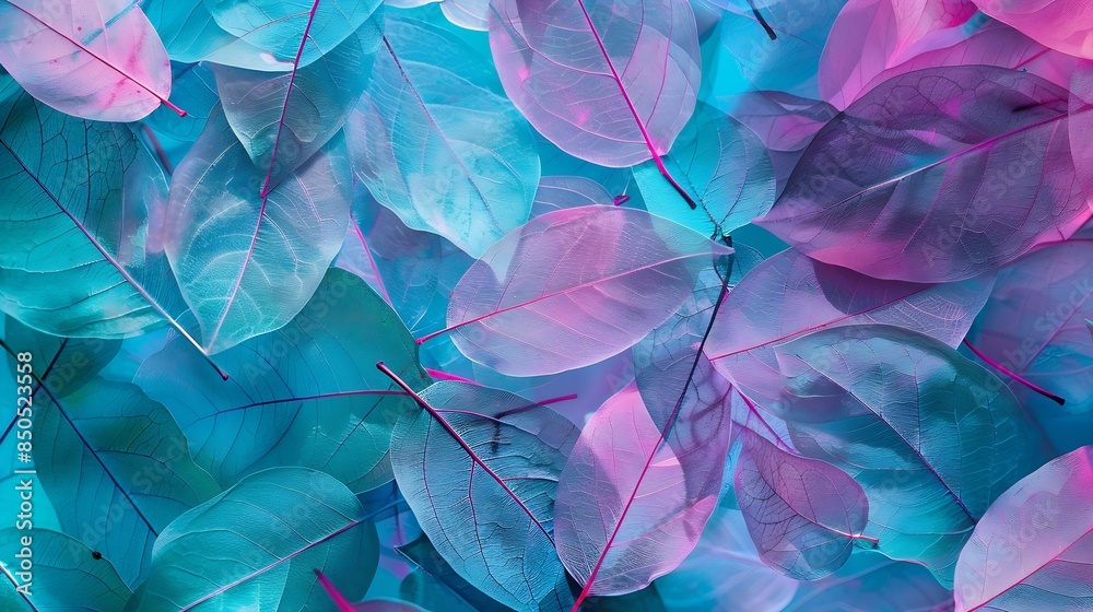 Poster Macro leaves background texture blue turquoise pink color Transparent skeleton leaves Bright expressive colorful beautiful artistic image of nature : Generative AI