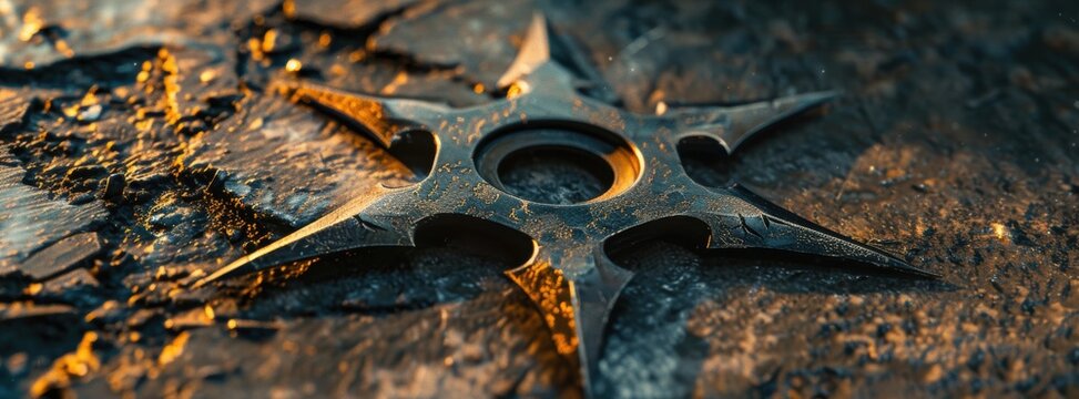 Close-up of a ninja star on a rustic surface. The image captures the intricate design and detailing of the traditional weapon in warm lighting.