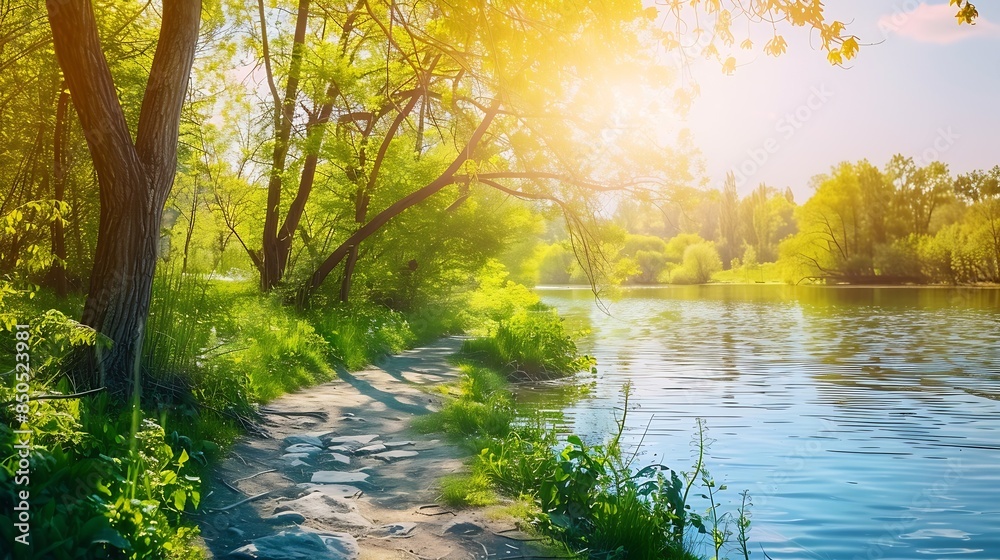 Poster beautiful colorful summer spring natural landscape with a lake in park surrounded by green foliage o