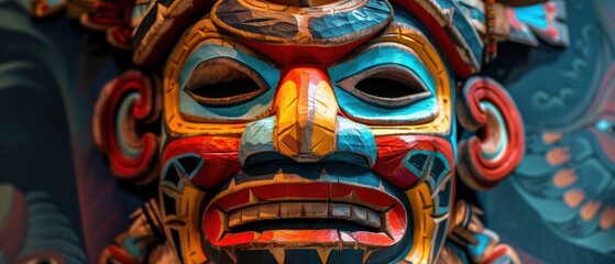 Close-up of a vibrant and intricate traditional mask with bold colors and detailed carvings, showcasing cultural artistry and craftsmanship.