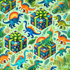 カラフルな恐竜とプレゼントのデザイン
