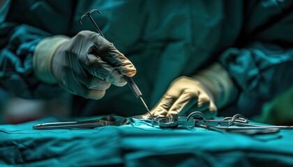 Close-up of surgeons' hands performing surgery in an operating room with surgical instruments on a surgical table.