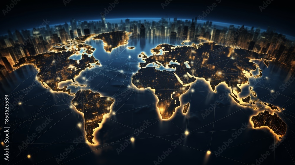 Poster global network of cities connected by glowing lines, representing the interconnectedness of business