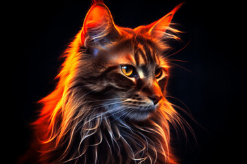 Stock minimalist photography of a cat in a fiery frame against a black background