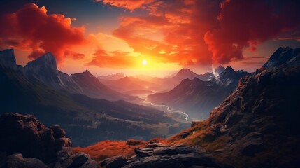 Dramatic Sunrise over the Mountains. Colourful Nature Background..