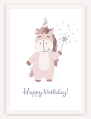 Сute birthday trendy greeting card in flat design. Illustration of a unicorn with a magic wand. Сhildren's magic party poster, banner or invitation. Cartoon design. Vector illustration.
