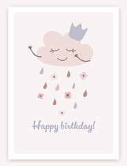 Сute birthday trendy greeting card in flat design. Illustration of a magic cloud with rain. Сhildren's party poster, banner or invitation. Cartoon design. Vector illustration.
