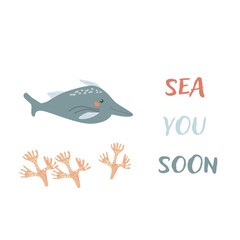 Childrens sea animal swordfish background with words. Nautical elements. Cute fish or ocean inhabitant with seaweed. Sea wild life, marine animals with text for stickers, cover design, cloth