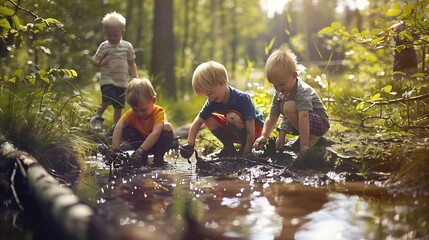forest kindergarten Happy Preschool group of children play in the swamp in park or forest Outdoors small child have fun playing with mud in a woods Hike Scandinavian curious leisure in : Generative AI
