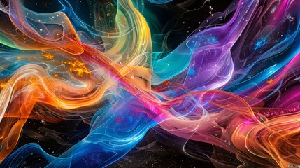 Fluid forms and dynamic lines in bold colors against black symbolizing excitement