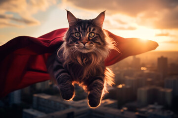 Cat in a superhero cape flying against a city background