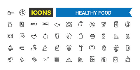 Healthy Food Icon Set. Halal Food icon collection. Outline icons pack.