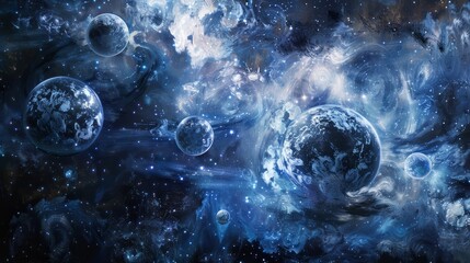 Celestial bodies and cosmic phenomena in deep blue and silver evoking savings