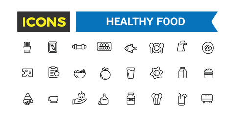 Healthy Food Icon Set. Halal Food icon collection. Outline icons pack.