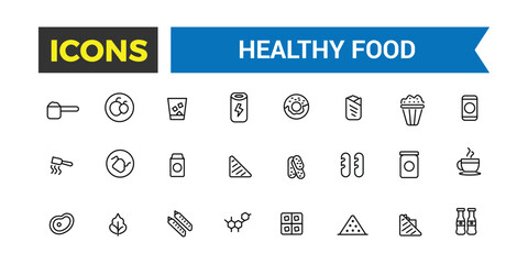 Healthy Food Icon Set. Halal Food icon collection. Outline icons pack.