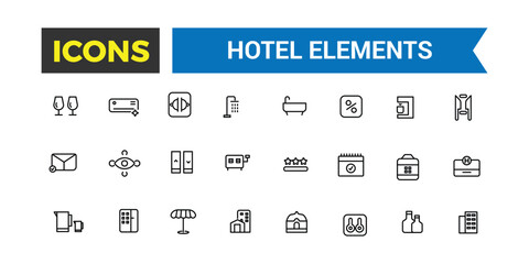 Hotel elements icon set. outline icons pack. Editable vector icon and illustration.