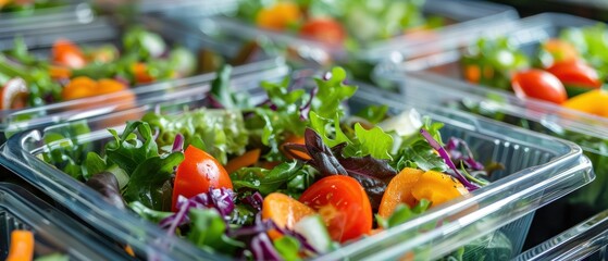 Fresh and colorful salad bowls in transparent containers, ideal for healthy meal preparation and on-the-go eating.