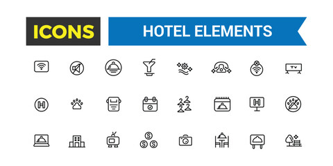 Hotel elements icon set. outline icons pack. Editable vector icon and illustration.