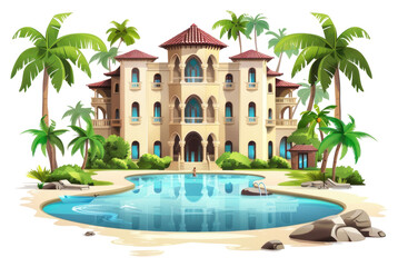 Obraz premium PNG Cartoon of resort architecture building hacienda.