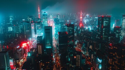 Fototapeta premium Futuristic cityscape with neon-lit streets and skyscrapers modern Black Friday