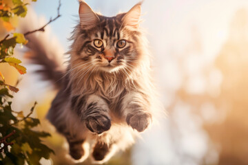 Obraz premium Stock minimalist photography of a cat jumping over a branch with blurred trees and bright sky