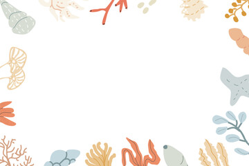 Cute marine frame with sea animals, shell, dolphin and other ocean inhabitants. Nursery pastel design. Childrens sea animals background.