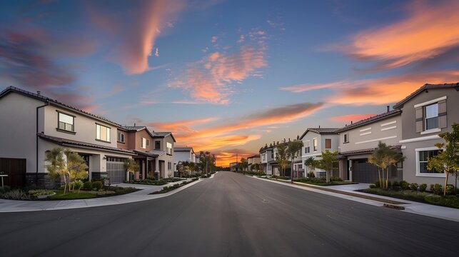 Cul de sac classic dead end street surrounded by luxury two story single family homes in a new residential East Coast USA real estate development neighborhood with dramatic colorful su : Generative AI