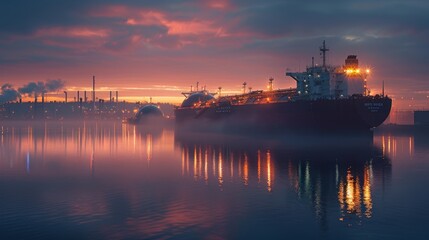 Fototapeta premium Cargo ship in harbor at sunrise