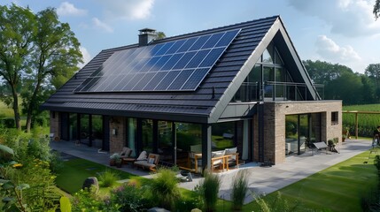 Naklejka premium Solar Power Installation Teamwork by European Engineers on Country House