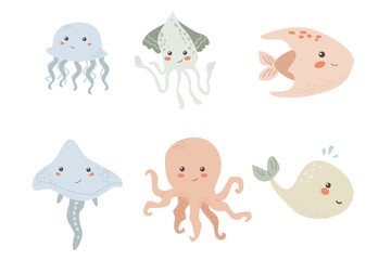 Cute childrens sea animals set. Marine underwater elements collection. Ocean inhabitants set of octopus, whale and other cute characters. Wild aquatic creatures in childish naive hand drawn style.