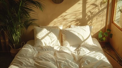 a white bed with textured plaster wall and beige pillows, offering a peaceful retreat.