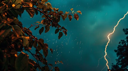 Lightning strike on a dark blue sky over the green tree branch