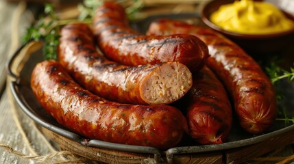 Grilled sausages served on a rustic wooden platter accompanied by fresh herbs and a bowl of mustard for a delicious meal presentation.