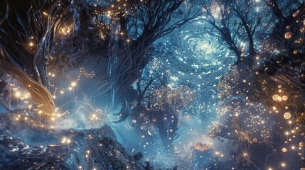 Cascading ribbons of light and fog in celestial realm holiday magic