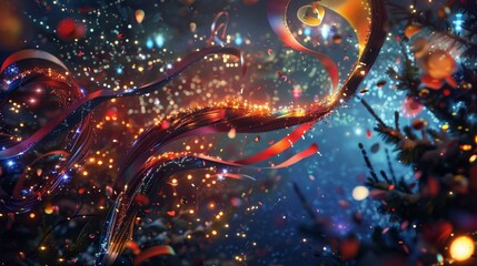 Swirling ribbons and cascading confetti in Christmas lights jubilant energy