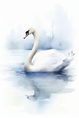 Obraz premium Watercolor painting of a graceful swan gliding gracefully across a tranquil lake.