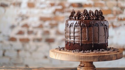 Obraz premium a chocolate cake with decorations on a wooden table against a backdrop of a brick wall, offering ample copy space.
