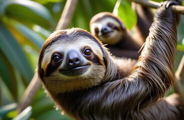 Fototapeta premium A cute sloth hanging from a tree. Sloths in their natural environment. Cover, magazine, wallpaper, photo wallpaper, screensaver. High quality photos