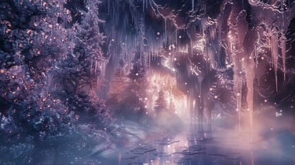 Fototapeta premium Dreamscape of mist and light adorned with icicles and crystals serene winter