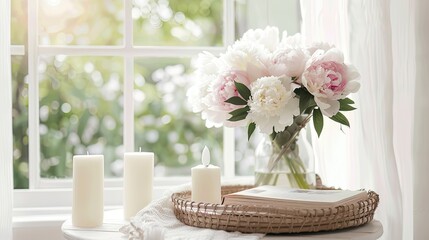 a home interior with peonies in a vase, complemented by a wicker tray with candles and a book against a window backdrop.