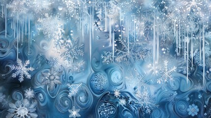 Whimsical snowflakes and shimmering icicles on icy blue and silver